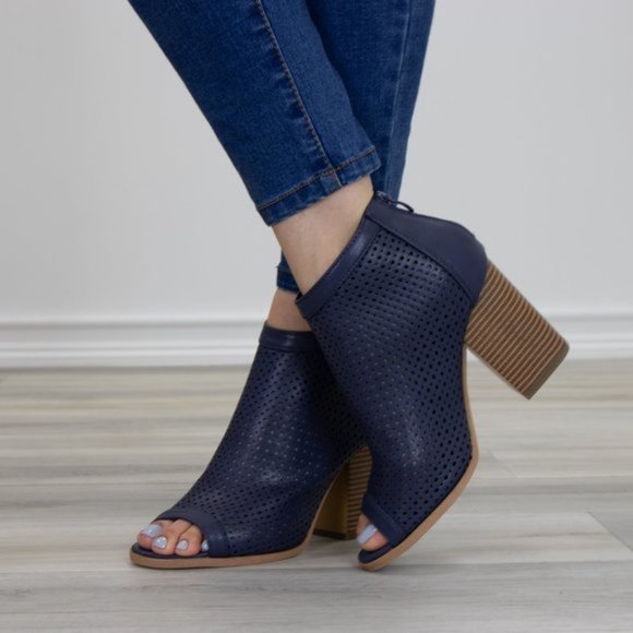 Navy Perforated Heeled Open Toe Ankle Boots - Picture 10 of 10